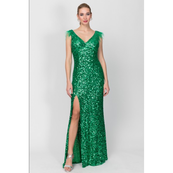 Cecilia - Personal S23-P107 Φόρεμα μάξι με παγιέτες πράσινο